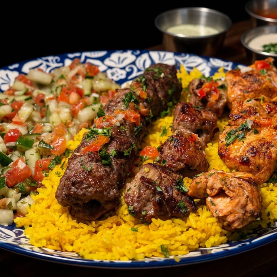 Platter of grilled beef and chicken kebabs over yellow rice with chopped salad and dipping sauces.