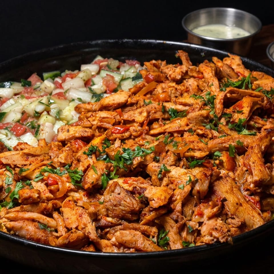 Large platter of spiced fried meat and vegetables garnished with herbs, accompanied by three dipping sauces on a wooden table.