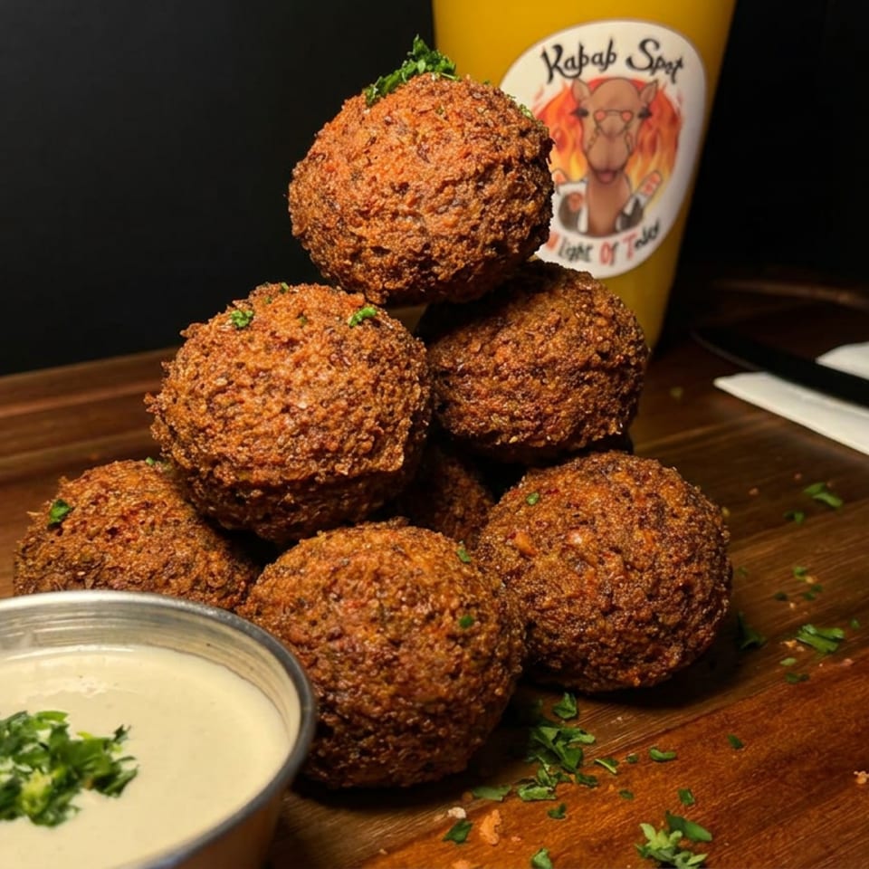 Crispy falafel balls stacked on a wooden board beside herb-garnished dipping sauce, with a Kabab Spot cup and utensils in the background.