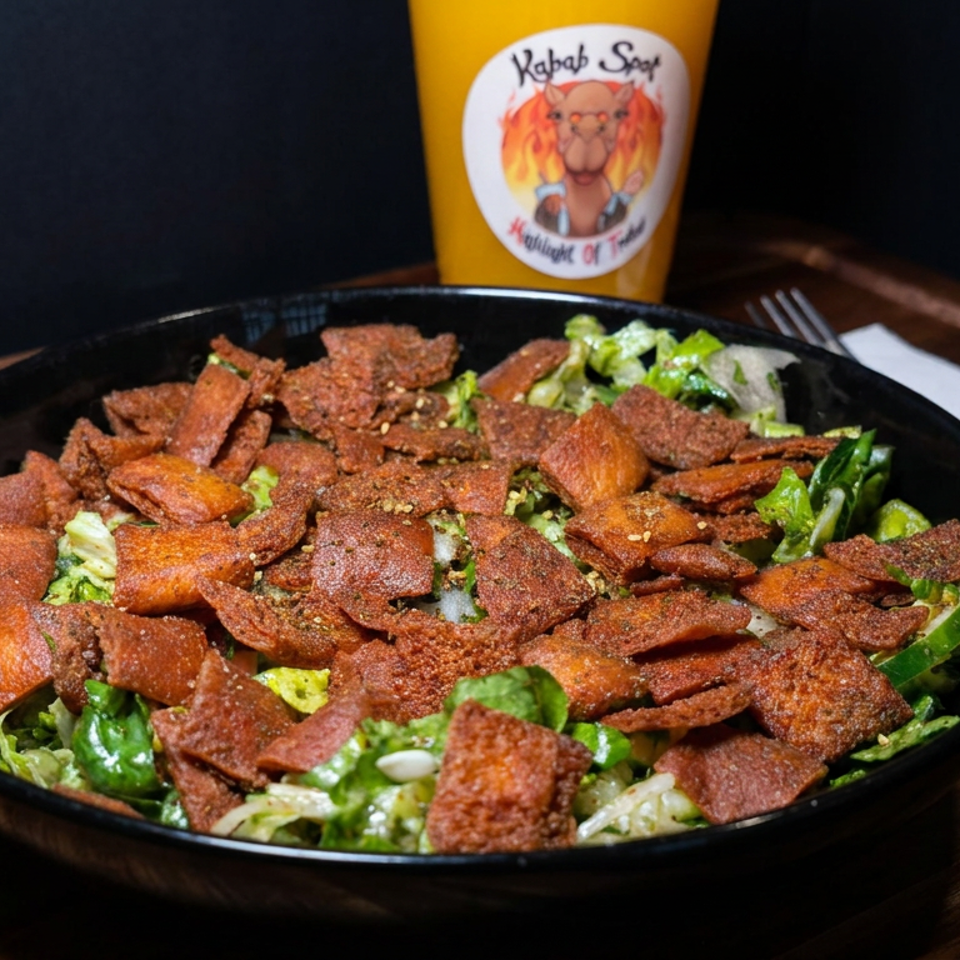 Black bowl of green salad topped with crispy seasoned kebab pieces on a wooden table, with a branded drink and utensils nearby.