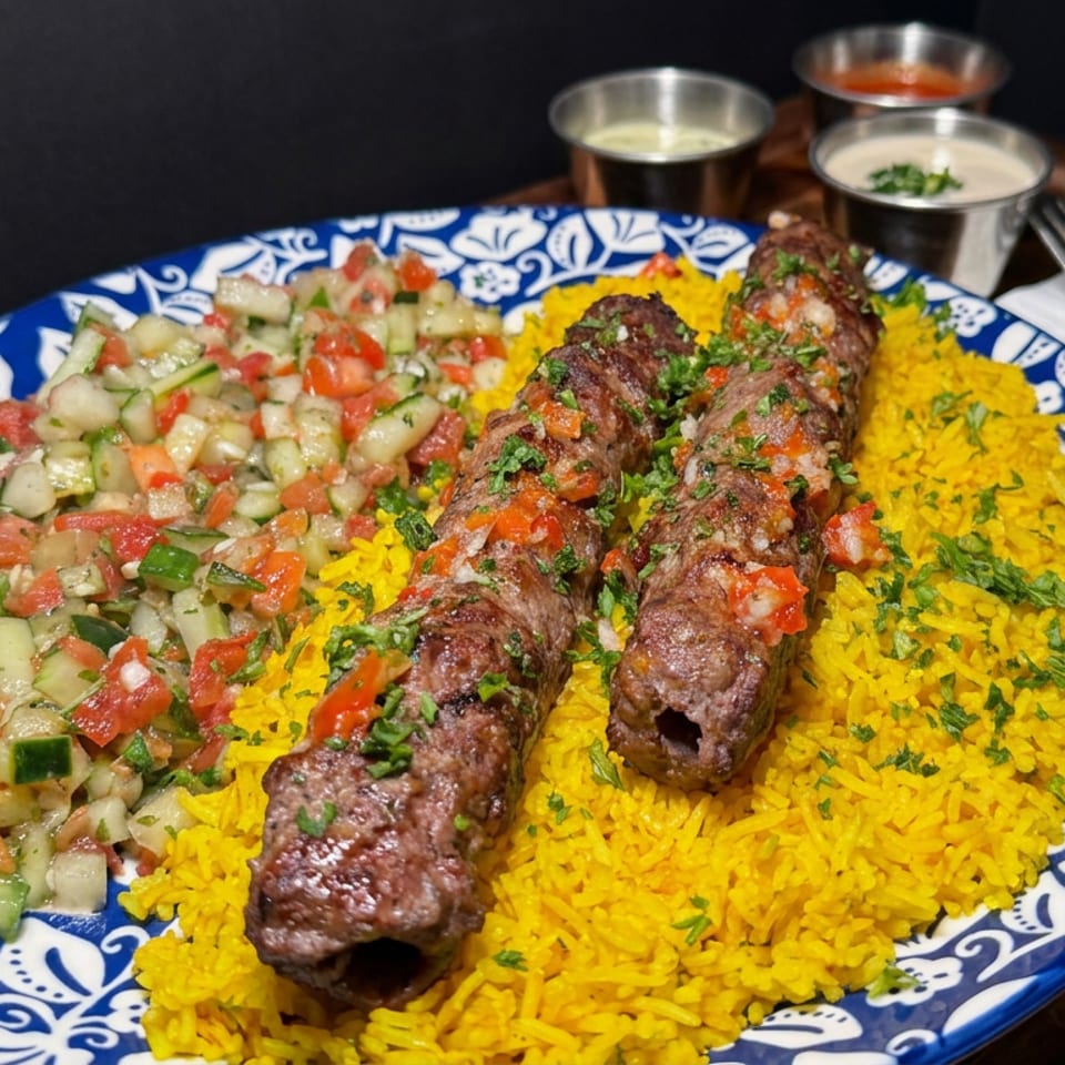 Two grilled kebabs served over saffron rice with chopped cucumber-tomato salad and dipping sauces on a decorative plate.