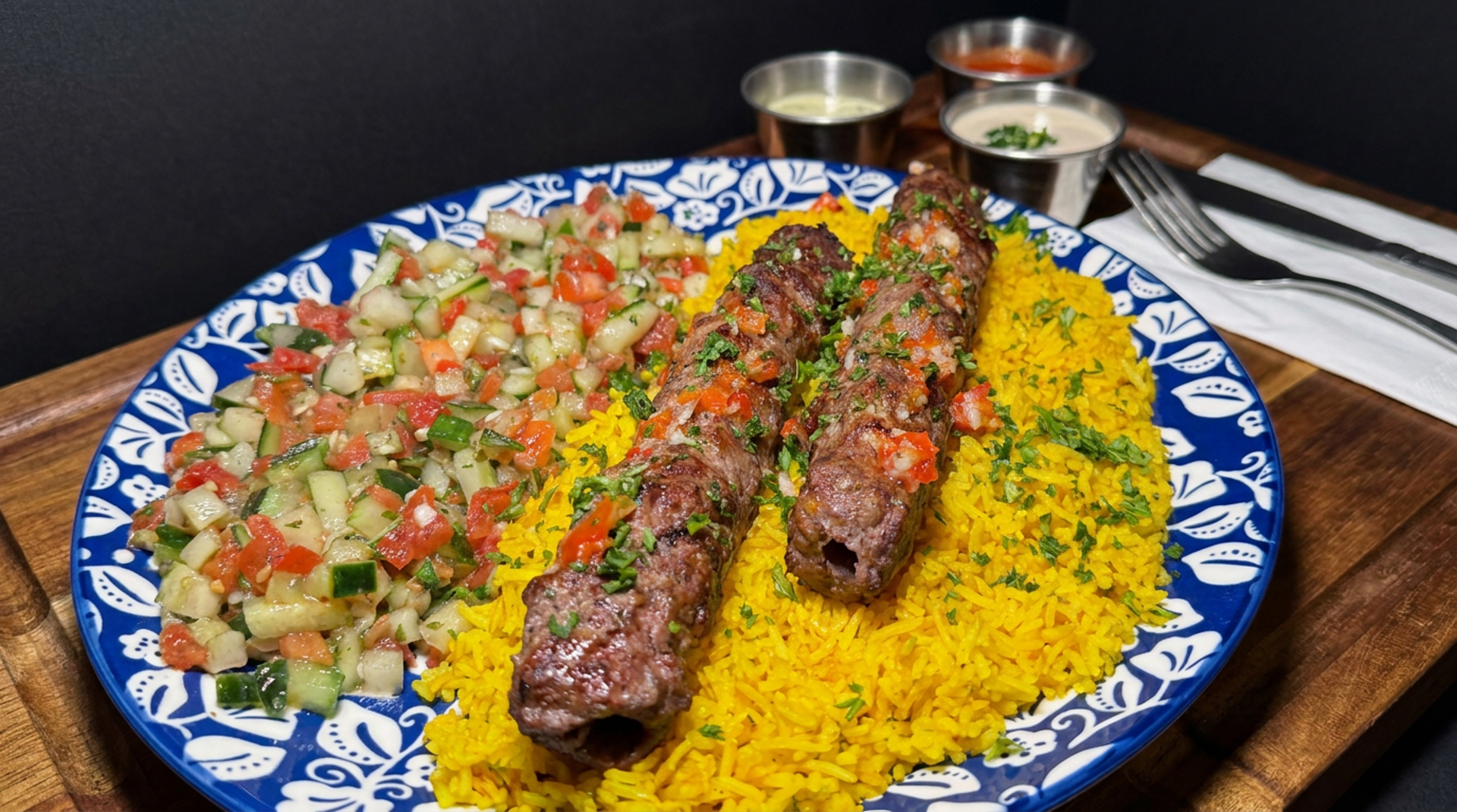 Kababs, shawarma, hummus, falafel