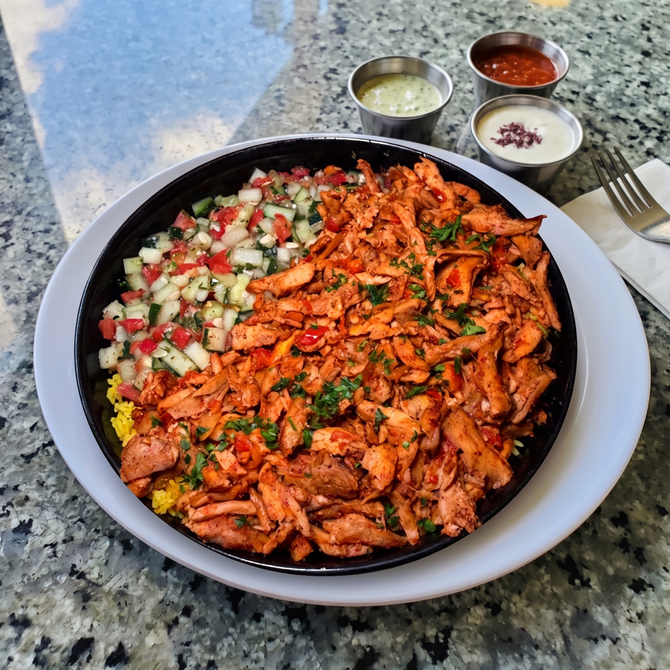 Plate of spiced shredded chicken with rice, chopped cucumber-tomato salad, and three dipping sauces on a granite table.