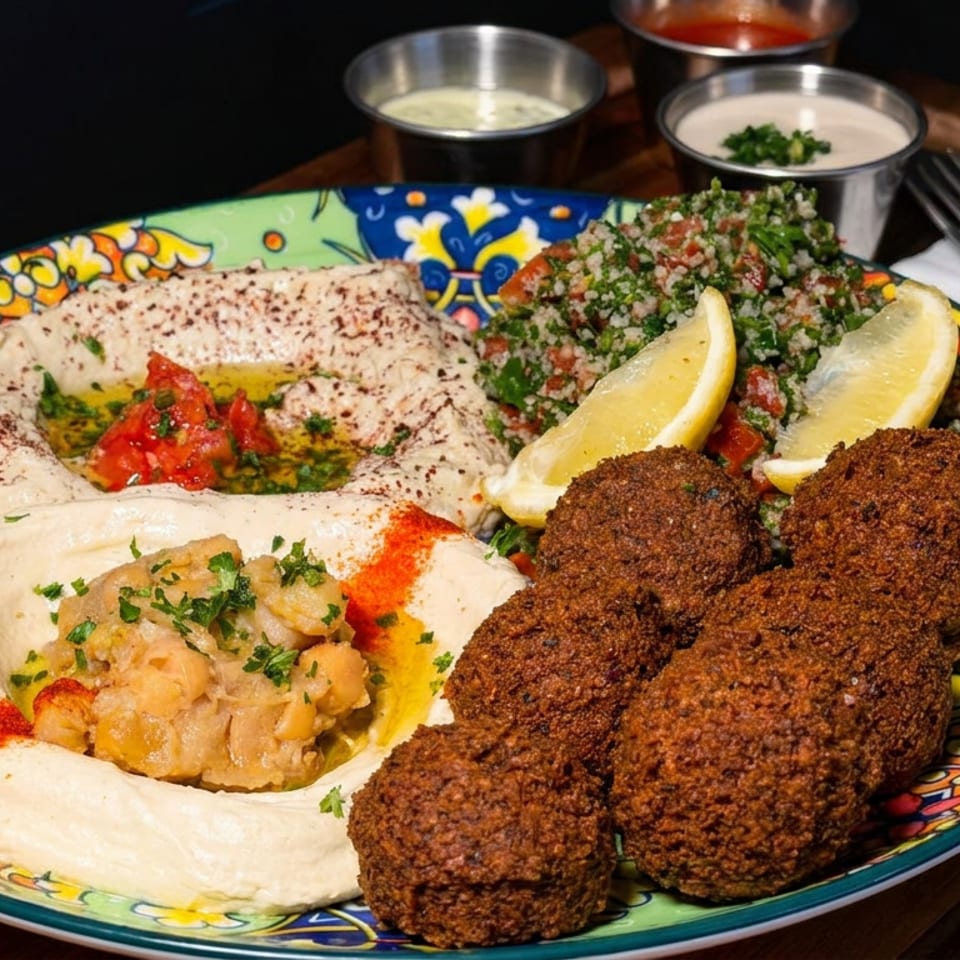Mediterranean mezze platter with hummus, baba ganoush, tabbouleh, falafel, lemon wedges, and dipping sauces.
