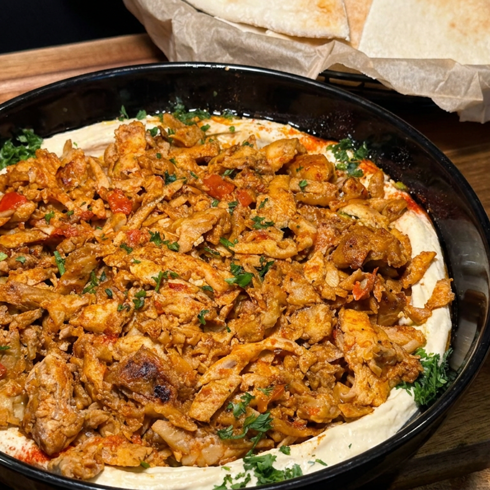 Black bowl of creamy hummus topped with crispy seasoned mushrooms, herbs, and red peppers, served with flatbread on a wooden table.