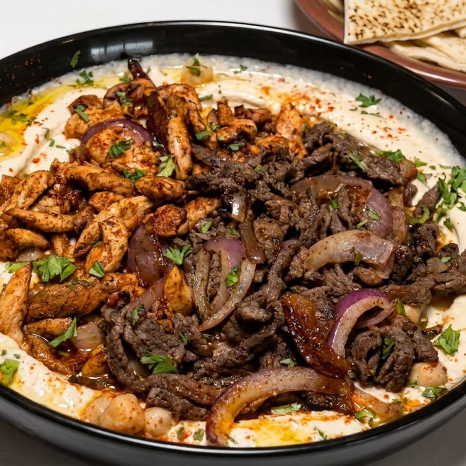 Black bowl of creamy hummus topped with grilled chicken, beef, onions, herbs, and spices, served with toasted flatbread.