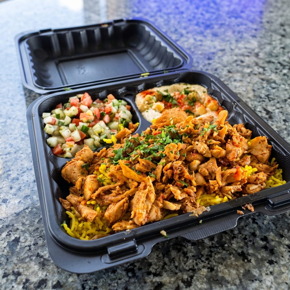 Open takeout container filled with spiced rice, crispy fried chicken, salad, and creamy vegetable-topped flatbread.
